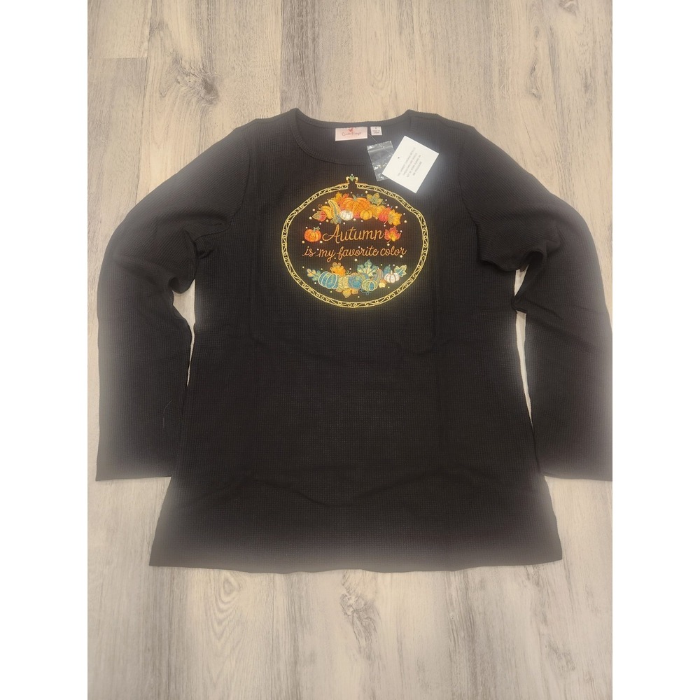 Quacker Factory Shirt Womens Small Black Pumpkin Rhinestone Fall Waffle Knit Top